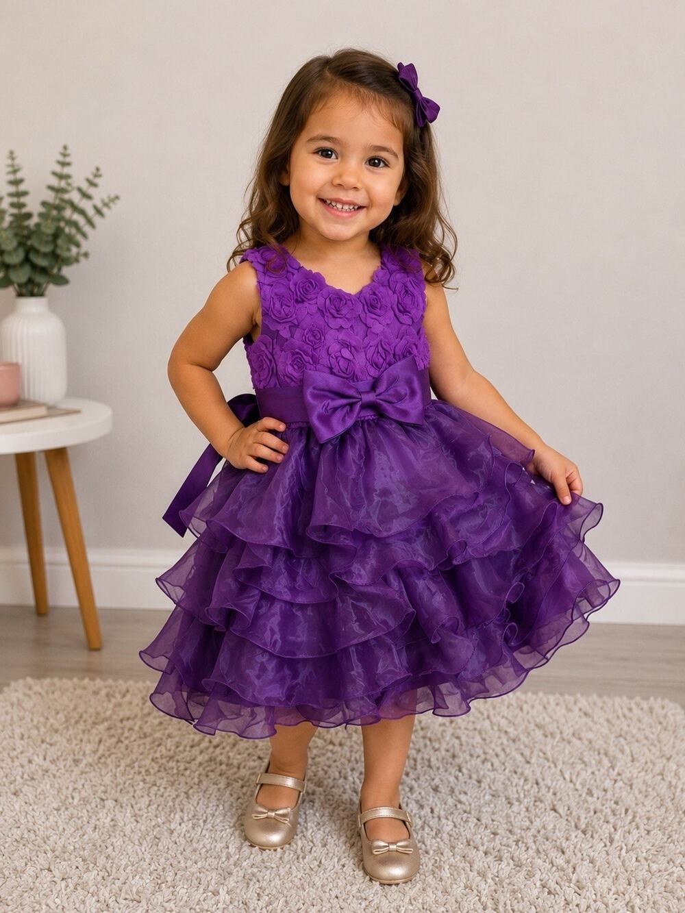 Meng Baby Girl Formal Dress Purple Rosette Bodice Organza Ruffle Pageant Bow 3T